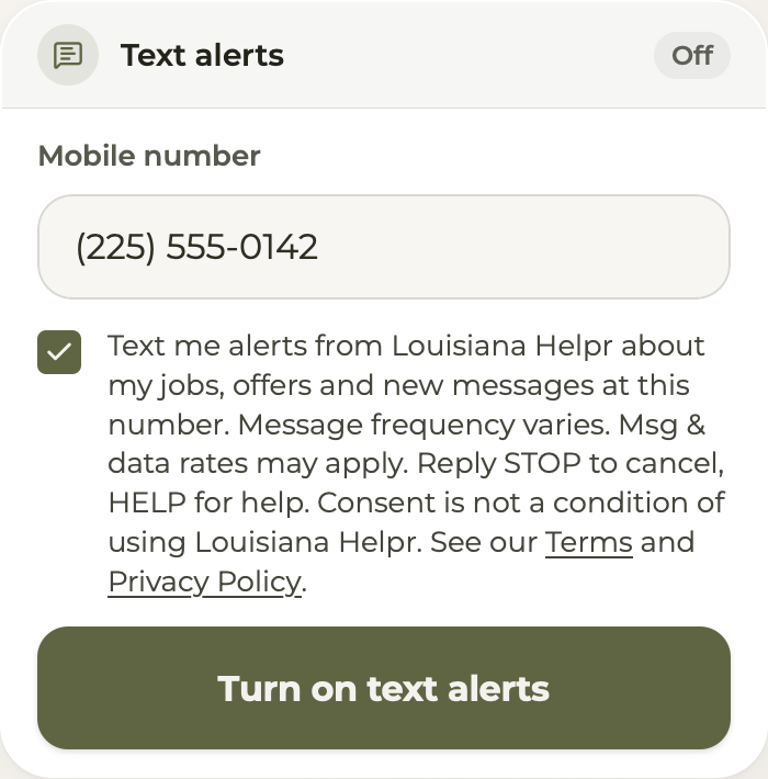 The same Text alerts box with a number typed and the consent box ticked, the Turn on text alerts button enabled.