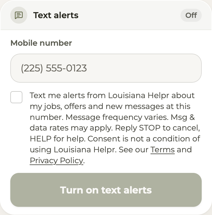 The Text alerts box: a mobile number field, an unchecked consent box with the message terms, and the Turn on text alerts button.